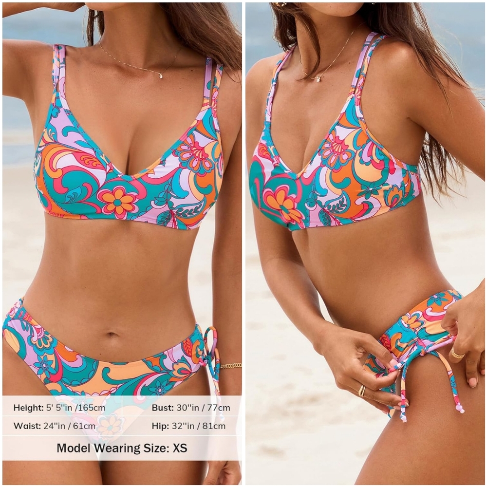 NWT Cupshe Floral Paisley Strappy Two Piece Low Rise Bikini Swimsuit Bathing L - Picture 3 of 14